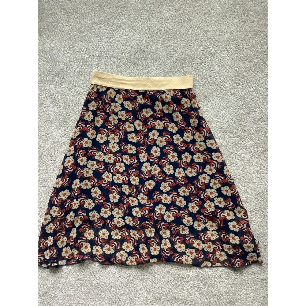 LuLaRoe Lola Floral Midi Skirt Medium M Navy Blue Tan Waist Retro Flower